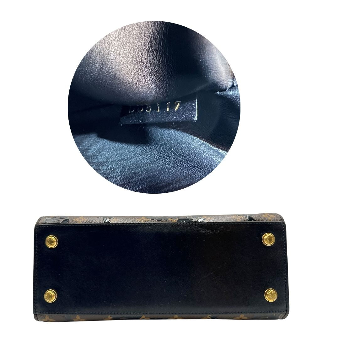 base Borsa Louis Vuitton L.E. in canvas marrone monogram con finiture in pelle nera e parti metalliche dorate, impreziosita da motivo decorativo floreale verniciato nero e un porta address amovibile; munita di doppi manici stondati e una tracolla amovibile. Completa di dustbag, di lusso, originale, ottime condizioni. 