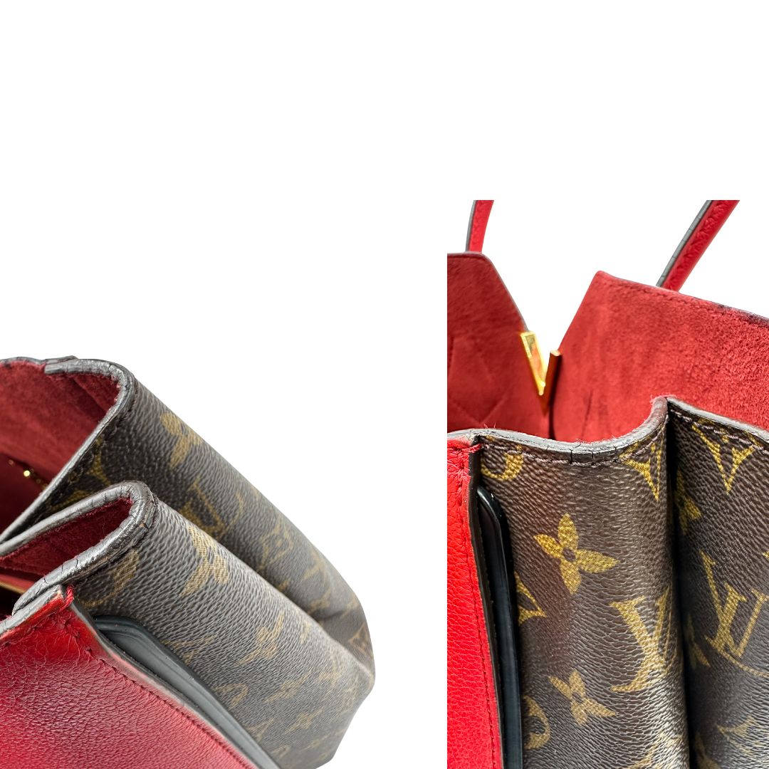 Difetti di una borsa Louis Vuitton modello Kimono Tote, in canvas monogram e pelle rossa.
Struttura con pannelli incrociati e inserto frontale con elemento metallico a forma di V in finitura dorata. Manici superiori in pelle. Dotata di dustbag. Indossabile a spalla.