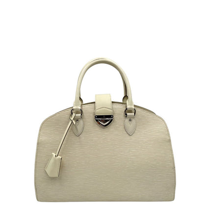 front Borsa Louis Vuitton in pelle epi bianco gesso con parti metalliche argentate; munita di doppi manici stondati, da portare a mano. Completa di lucchetto e chiavi, di lusso, originale, ottime condizioni, usata. 