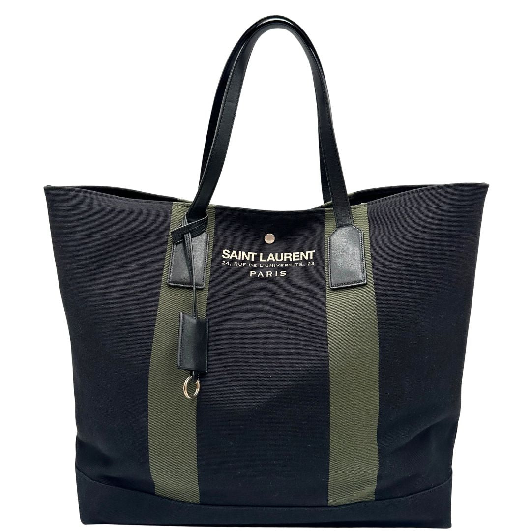 front Borsa Saint Laurent in tessuto nero con bande verdi e finiture in pelle; munita di doppi manici e un accessorio portachiavi. Completa di dustbag, di lusso, originale, ottime condizioni. 
