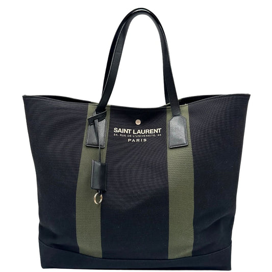 front Borsa Saint Laurent in tessuto nero con bande verdi e finiture in pelle; munita di doppi manici e un accessorio portachiavi. Completa di dustbag, di lusso, originale, ottime condizioni. 