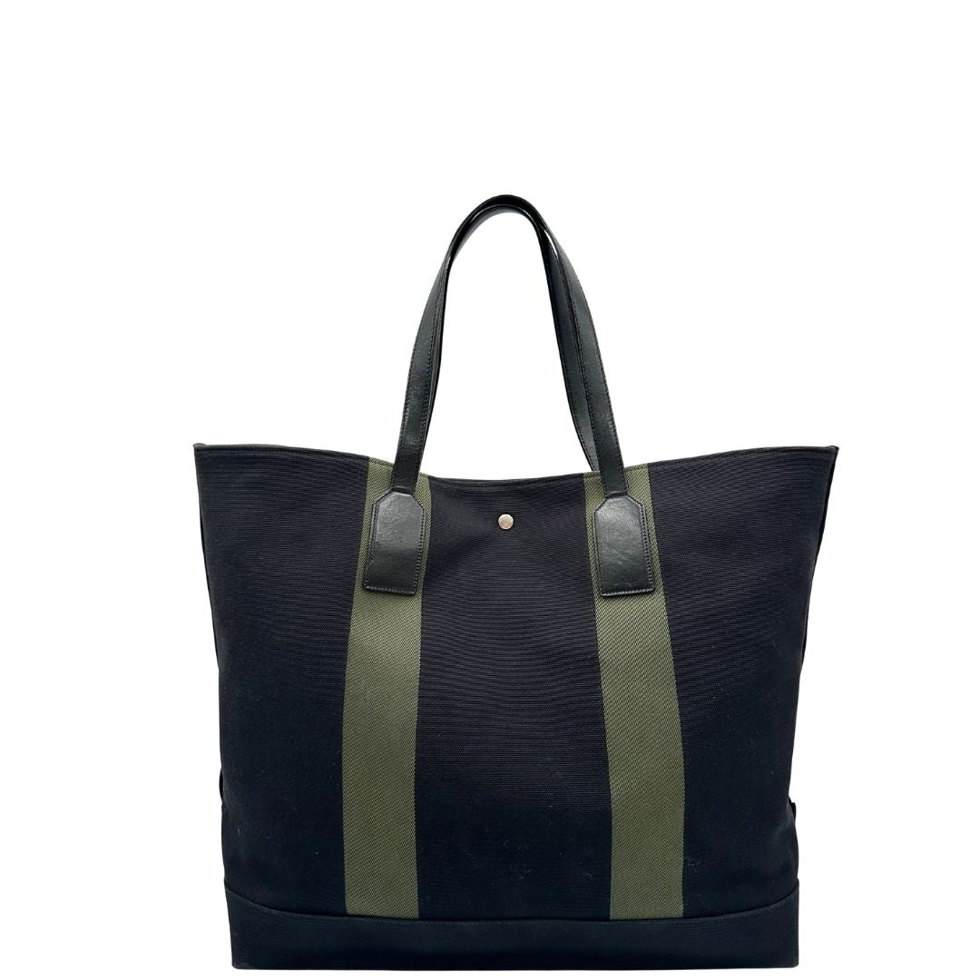 retro Borsa Saint Laurent in tessuto nero con bande verdi e finiture in pelle; munita di doppi manici e un accessorio portachiavi. Completa di dustbag, di lusso, originale, ottime condizioni. 