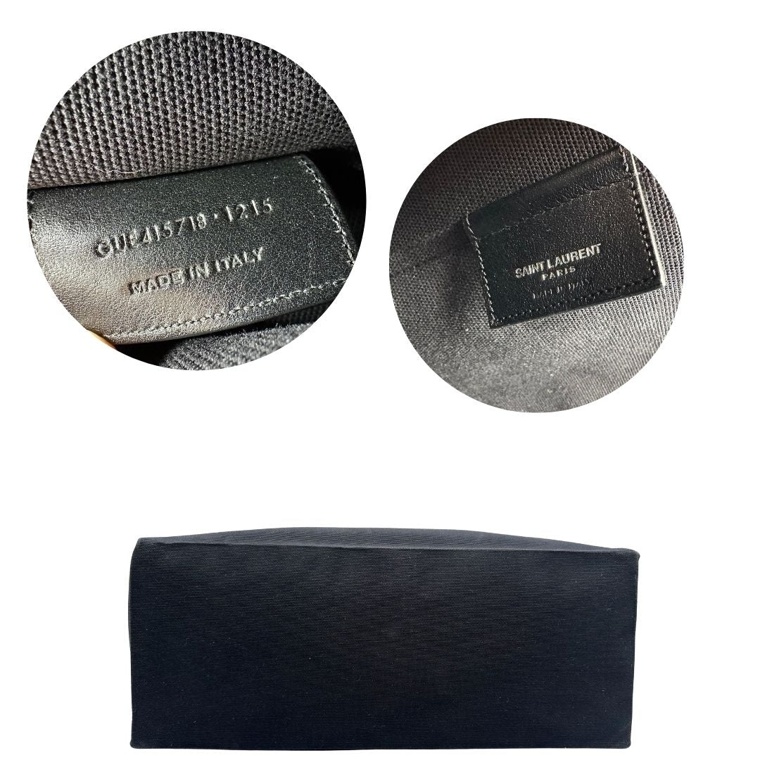 base Borsa Saint Laurent in tessuto nero con bande verdi e finiture in pelle; munita di doppi manici e un accessorio portachiavi. Completa di dustbag, di lusso, originale, ottime condizioni. 