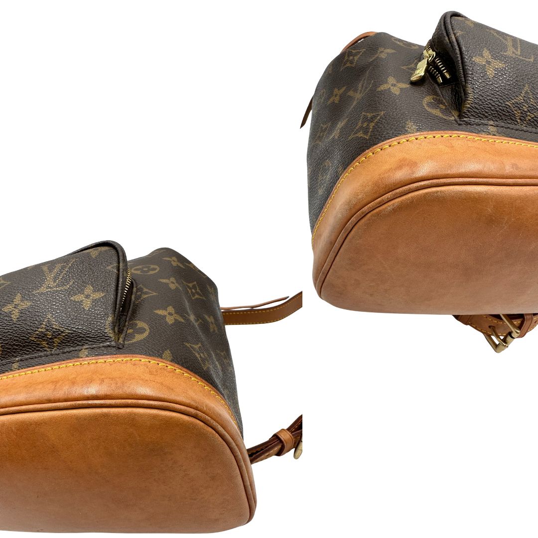angoli Zaino Montsouris mini in canvas marrone monogram con finiture in vacchetta naturale e parti metalliche dorate, munito di un anello sulla parte superiore e due bretelle in vacchetta regolabili con fibbie, di lusso, originale, ottime condizioni. 