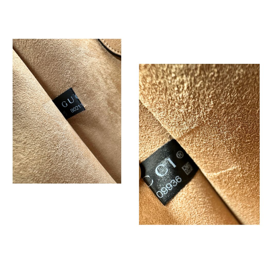 interno della Borsa Gucci in pelle nera con maxi logo tono su tono e dettaglio in rosa; munita di doppi manici e una tracolla regolabile. Completa di dustbag, di lusso, originale, ottime condizioni. 