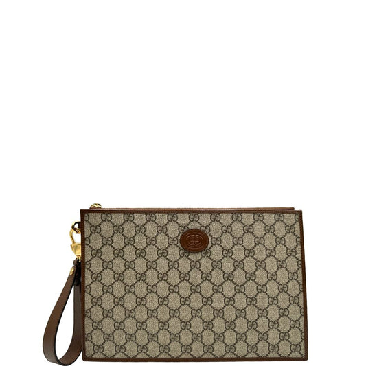 front Pochette Gucci in canvas GG beige con finiture in pelle marroni; munito di un polsino, da portare a mano. Full set, di lusso, eccellenti condizioni. 