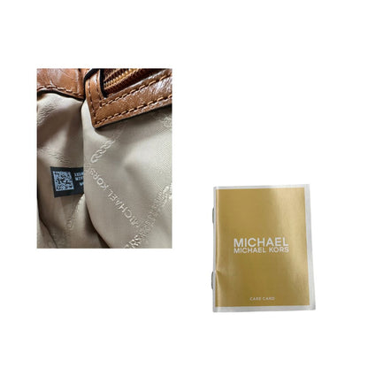 Borsa Michael Kors in pelle color cuoio con parti metalliche dorate; munita di una tracolla in catena scorrevole con spallaccio in pelle. Indossabile a tracolla oppure a spalla. Originale, usata, di lusso, in ottime condizioni.