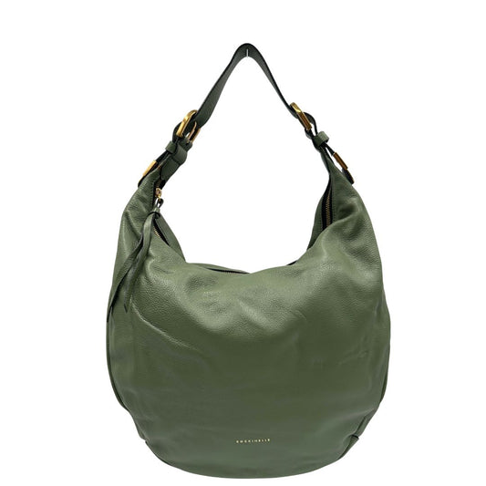 front Borsa Coccinelle in pelle martellata verde oliva con parti metalliche dorate; munita di un manico singolo leggermente regolabile. Completa di dustbag, di lusso, originale, ottime condizioni, usata. 