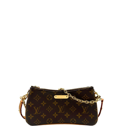 front Borsa Louis Vuitton in canvas marrone monogram con finiture in vacchetta naturale e parti metalliche dorate; munita di un manico singolo in catena amovibile e un manico allungabile e amovibile, indossabile a spalla e a tracolla. Full set, di lusso, originale, ottime condizioni, usata. 