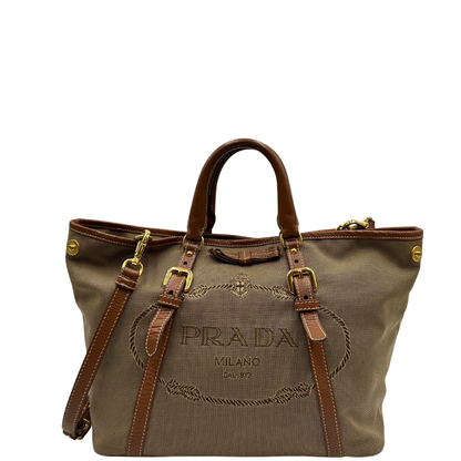 front  Borsa Prada in tessuto Jacquard, finiture in pelle marroni e parti metalliche dorate; munita di doppi manici e una tracolla amovibile e regolabile. Completa di dustbag, di lusso, originale, ottime condizioni. 