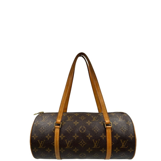 front Borsa L.V. in canvas marrone monogram con finiture in vacchetta naturale e parti metalliche dorate; munita di doppi manici, indossabile a spalla, di lusso, originale, ottime condizioni. 