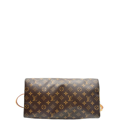 base Borsa Speedy 35 in canvas marrone monogram con finiture in vacchetta naturale e parti metalliche dorate; munita di doppi manici stondati e una tracolla amovibile e regolabile. Completa di corredo, lucchetto e chiavi, di lusso, originale, eccellenti condizioni. 