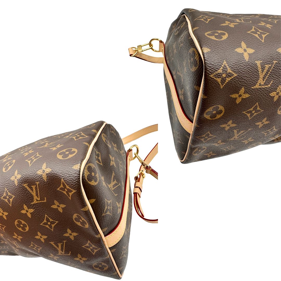 angoli Borsa Speedy 35 in canvas marrone monogram con finiture in vacchetta naturale e parti metalliche dorate; munita di doppi manici stondati e una tracolla amovibile e regolabile. Completa di corredo, lucchetto e chiavi, di lusso, originale, eccellenti condizioni. 