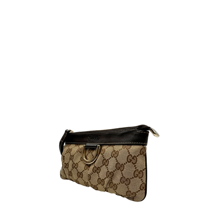 lato Pochette Gucci in tessuto Gucci in tessuto GG beige con finiture in pelle marroni e parti metalliche dorate; munita di un polsino, da portare a mano. Completa di corredo, di lusso, originale, ottime condizioni. 