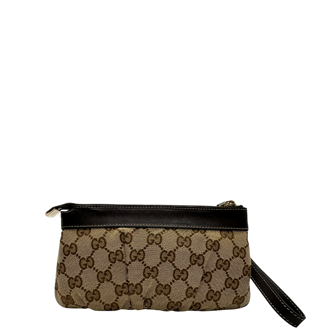 retro Pochette Gucci in tessuto Gucci in tessuto GG beige con finiture in pelle marroni e parti metalliche dorate; munita di un polsino, da portare a mano. Completa di corredo, di lusso, originale, ottime condizioni. 