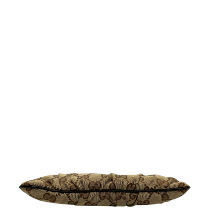 base Pochette Gucci in tessuto Gucci in tessuto GG beige con finiture in pelle marroni e parti metalliche dorate; munita di un polsino, da portare a mano. Completa di corredo, di lusso, originale, ottime condizioni. 