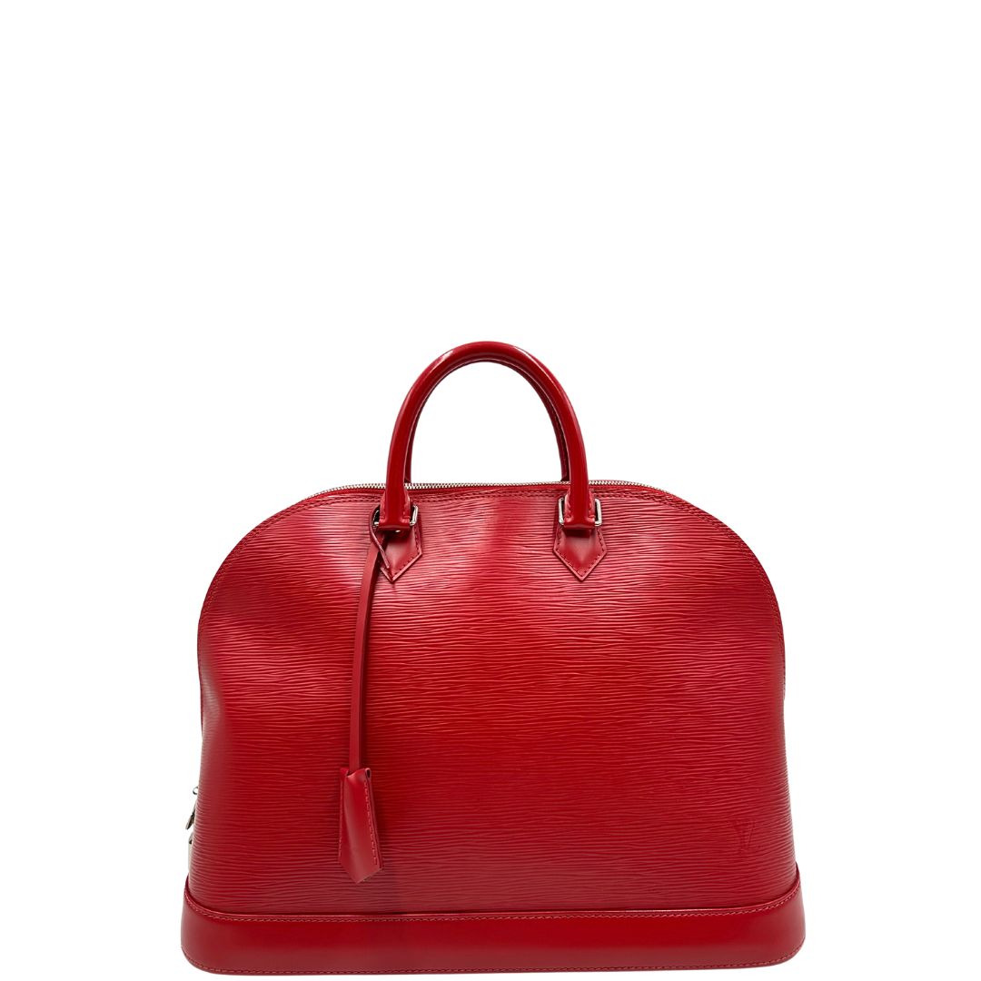 front  Borsa Alma GM Louis Vuitton in pelle Epi rossa con parti metalliche argentate, munita di due manici stondati. Completa di lucchetto e chiavi, di lusso, usata, originale. 