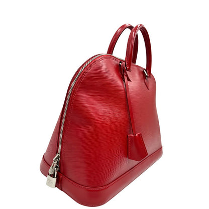 lato  Borsa Alma GM Louis Vuitton in pelle Epi rossa con parti metalliche argentate, munita di due manici stondati. Completa di lucchetto e chiavi, di lusso, usata, originale. 