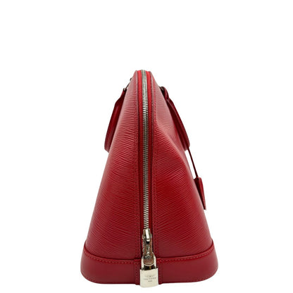 lato  Borsa Alma GM Louis Vuitton in pelle Epi rossa con parti metalliche argentate, munita di due manici stondati. Completa di lucchetto e chiavi, di lusso, usata, originale. 