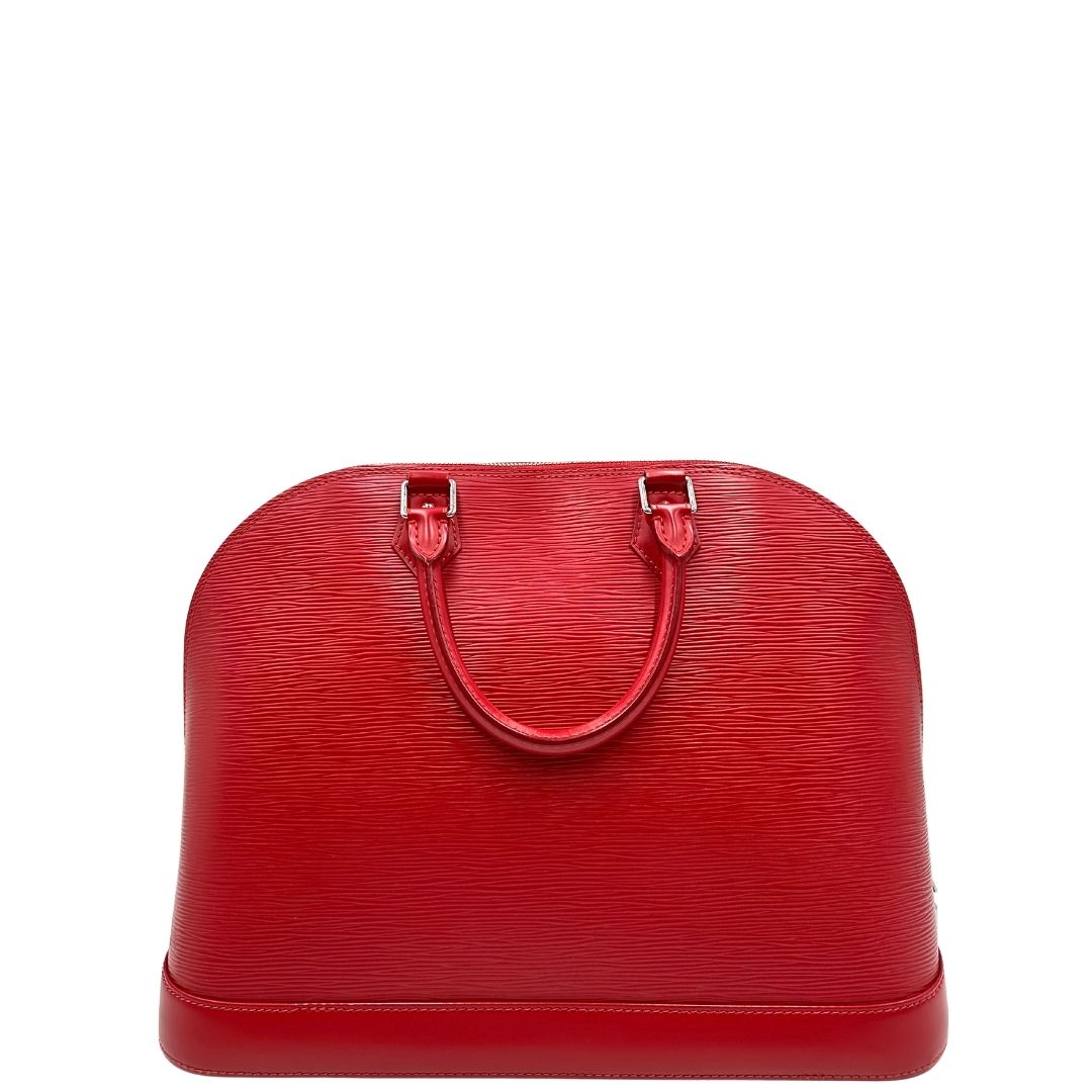 retro  Borsa Alma GM Louis Vuitton in pelle Epi rossa con parti metalliche argentate, munita di due manici stondati. Completa di lucchetto e chiavi, di lusso, usata, originale. 