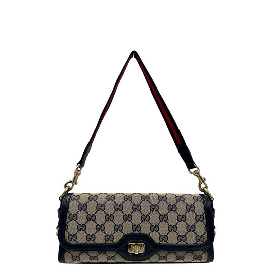 front Borsa Gucci in canvas beige GG con finiture in pelle blu e parti metalliche dorate, munita di una tracolla Web rossa e blu in tessuto amovibile. Full set, di lusso, originale, ottime condizioni, usata. 