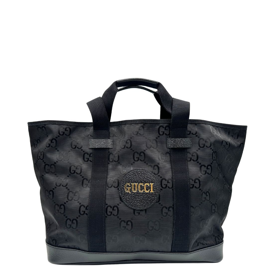 front Borsa Gucci in nylon GG nero con finiture in pelle tono su tono e parti metalliche argentate; munita di doppi manici in tessuto, indossabile a spalla, di lusso, originale, ottime condizioni8, usata 