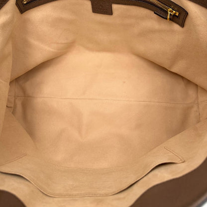interno Shopper Gucci Ophidia in canvas beige GG con finiture in pelle marrone e striscia Web verde e rossa, da indossare a spalla. Doppie G decorative sul front in metallo dorato. Completa di corredo, di lusso, originale, ottime condizioni, usata. 