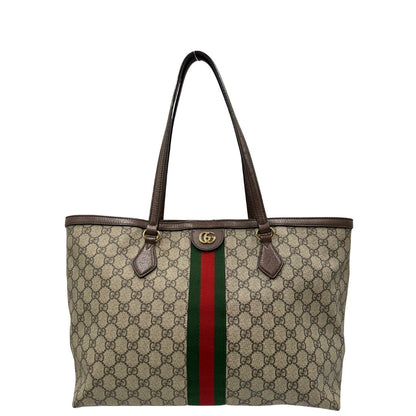 front Shopper Gucci Ophidia in canvas beige GG con finiture in pelle marrone e striscia Web verde e rossa, da indossare a spalla. Doppie G decorative sul front in metallo dorato. Completa di corredo, di lusso, originale, ottime condizioni, usata. 