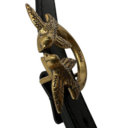 Cintura Pinko in pelle nera con dettaglio metallico dorato Love Birds sul front, di lusso, usata, originale.