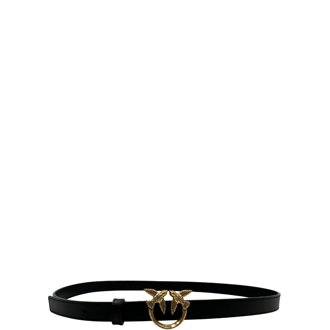 Cintura Pinko in pelle nera con dettaglio metallico dorato Love Birds sul front, di lusso, usata, originale.