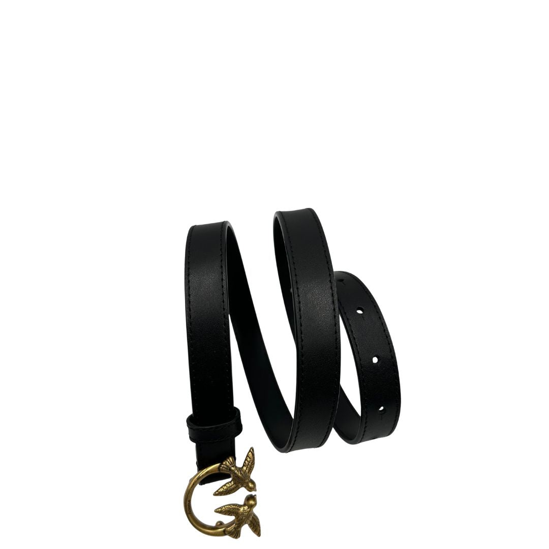 Cintura Pinko in pelle nera con dettaglio metallico dorato Love Birds sul front, di lusso, usata, originale.