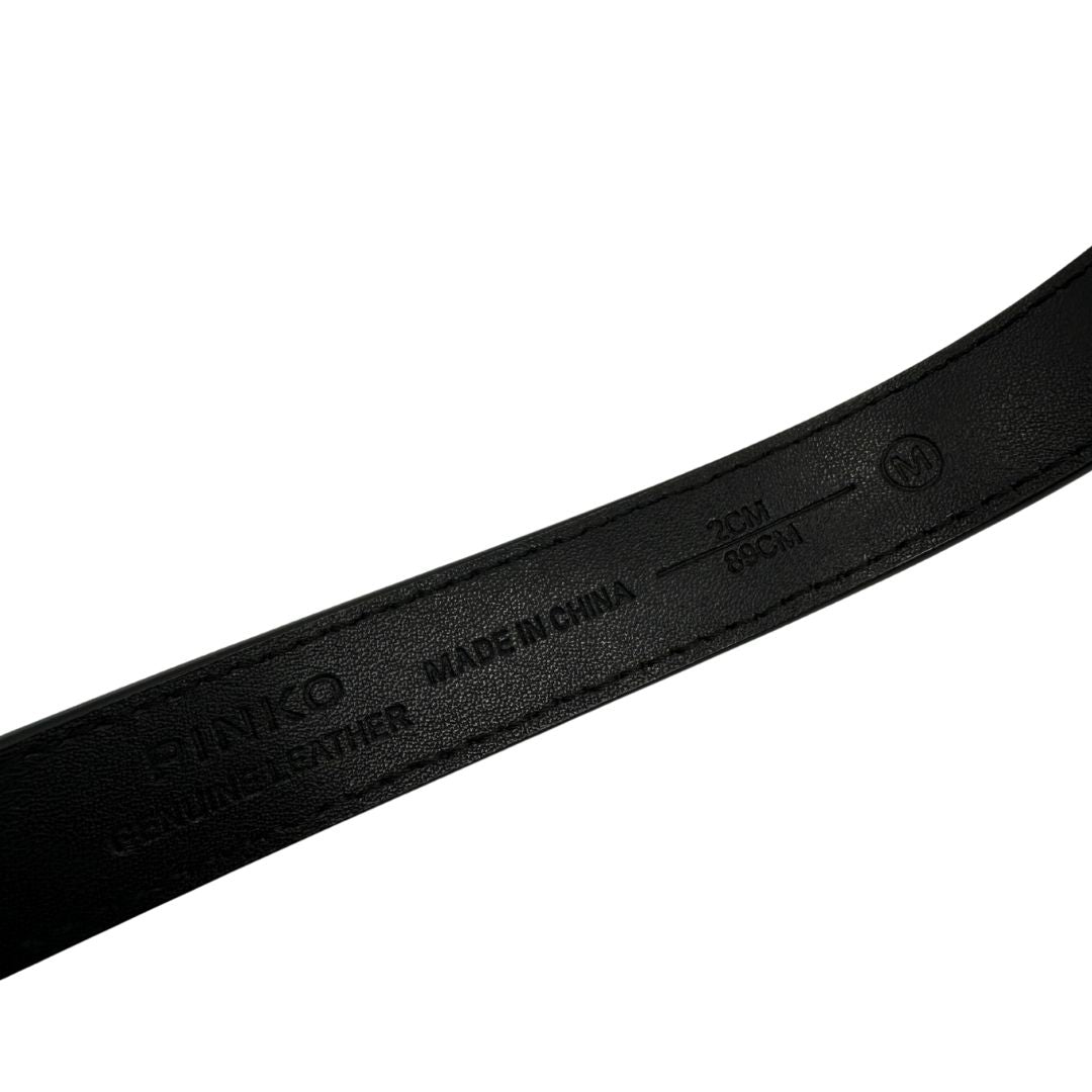 Cintura Pinko in pelle nera con dettaglio metallico dorato Love Birds sul front, di lusso, usata, originale.