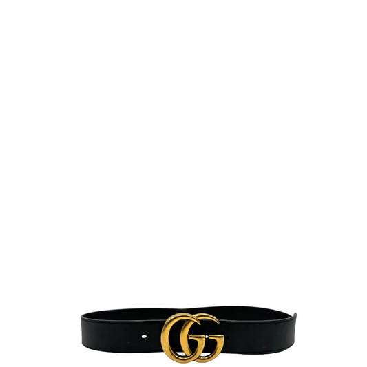 Cintura Gucci in pelle nera con parti metalliche dorate. Completa di dustbag, di lusso, originale, buone condizioni, usata