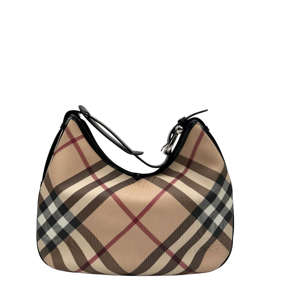 retro Borsa Burberry in canvas beige tartan con finiture in pelle nera lucida e parti metalliche effetto argentate. Munita di un manico singolo. Completa di dustbag, di lusso, originale, usata. 