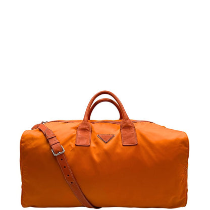 front Borsone Prada in nylon arancione con finiture in pelle tono su tono e parti metalliche argentate; munita di doppi manici stondati e una tracolla leggermente regolabile, di lusso, originale, ottime condizioni, usata. 