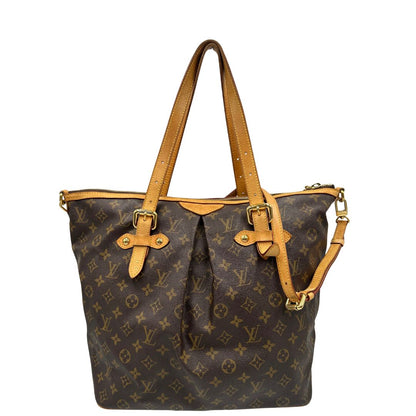 front Borsa Palermo GM Louis Vuitton in canvas marrone monogram con finiture in vacchetta naturale e parti metalliche dorate; munita di doppi manici, indossabile a spalla. Completa di dustbag, di lusso, originale, ottime condizioni, usata. 