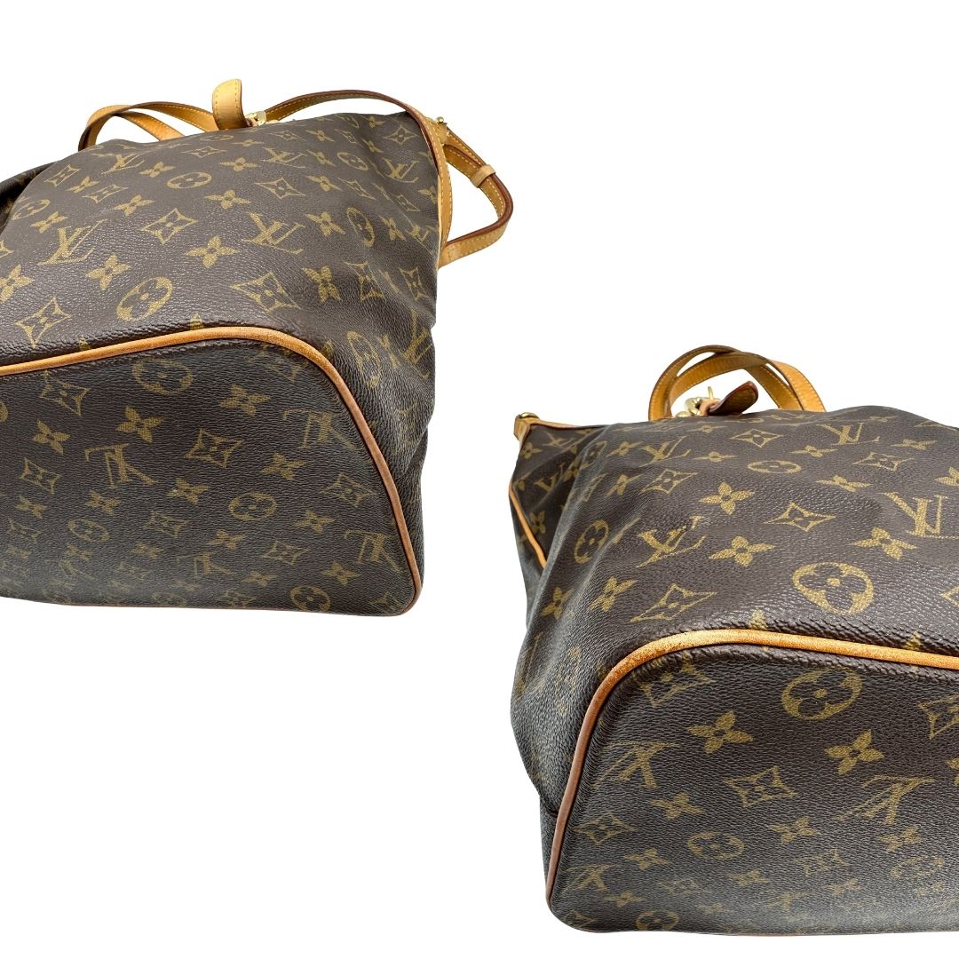 angoli Borsa Palermo GM Louis Vuitton in canvas marrone monogram con finiture in vacchetta naturale e parti metalliche dorate; munita di doppi manici, indossabile a spalla. Completa di dustbag, di lusso, originale, ottime condizioni, usata. 