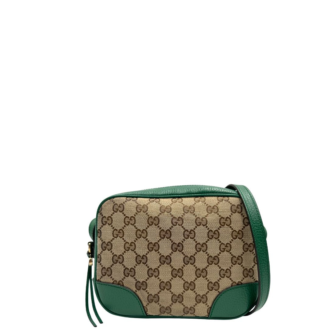 front  Borsa Gucci in tessuto GG beige con finiture in pelle verdi e parti metalliche dorate; munita di una tracolla regolabile. Full set, di lusso, originale, ottime condizioni. 