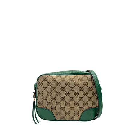 front  Borsa Gucci in tessuto GG beige con finiture in pelle verdi e parti metalliche dorate; munita di una tracolla regolabile. Full set, di lusso, originale, ottime condizioni. 
