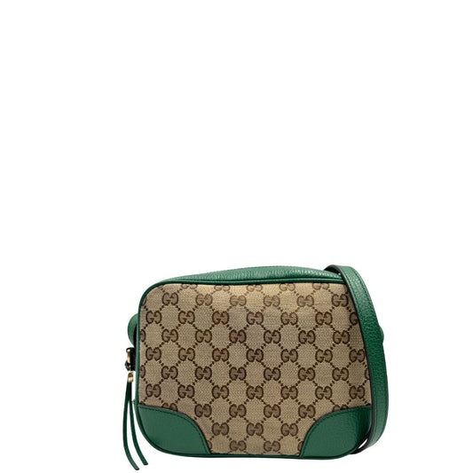 front  Borsa Gucci in tessuto GG beige con finiture in pelle verdi e parti metalliche dorate; munita di una tracolla regolabile. Full set, di lusso, originale, ottime condizioni. 