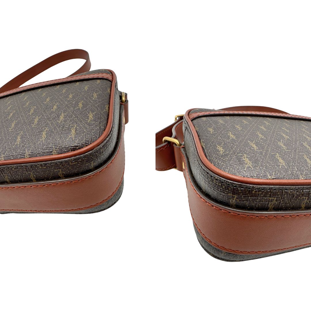 Angoli di una Borsa Yve Saint Laurent in canvas marrone monogram con parti metalliche dorate e finiture in pelle color cognac; munita di una tracolla leggermente regolabile. Completa di dustbag. Originale, usata, di lusso, in condizioni eccellenti.