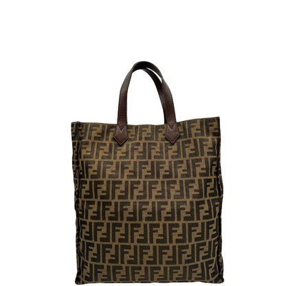 front Borsa Fendi in tessuto color tabacco trama Zucca; munita di doppi manici in pelle marrone, da portare a mano, di lusso, originale, ottime condizioni. 