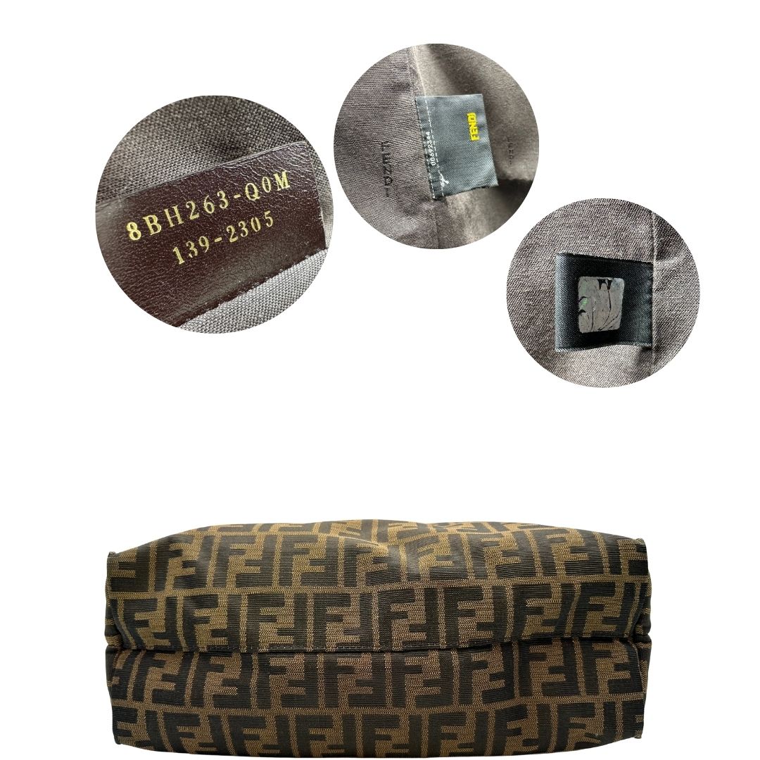 base Borsa Fendi in tessuto color tabacco trama Zucca; munita di doppi manici in pelle marrone, da portare a mano, di lusso, originale, ottime condizioni. 8BH263-Q0M 139-2305