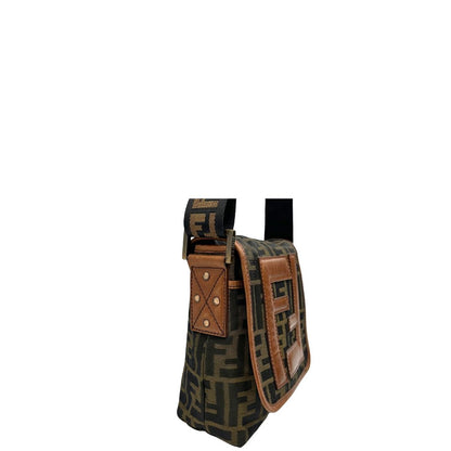 lato Borsa Fendi in tessuto color tabacco trama Zucca con finiture in pelle marroni; munita di una tracolla regolabile, di lusso, originale, ottime condizioni. 
