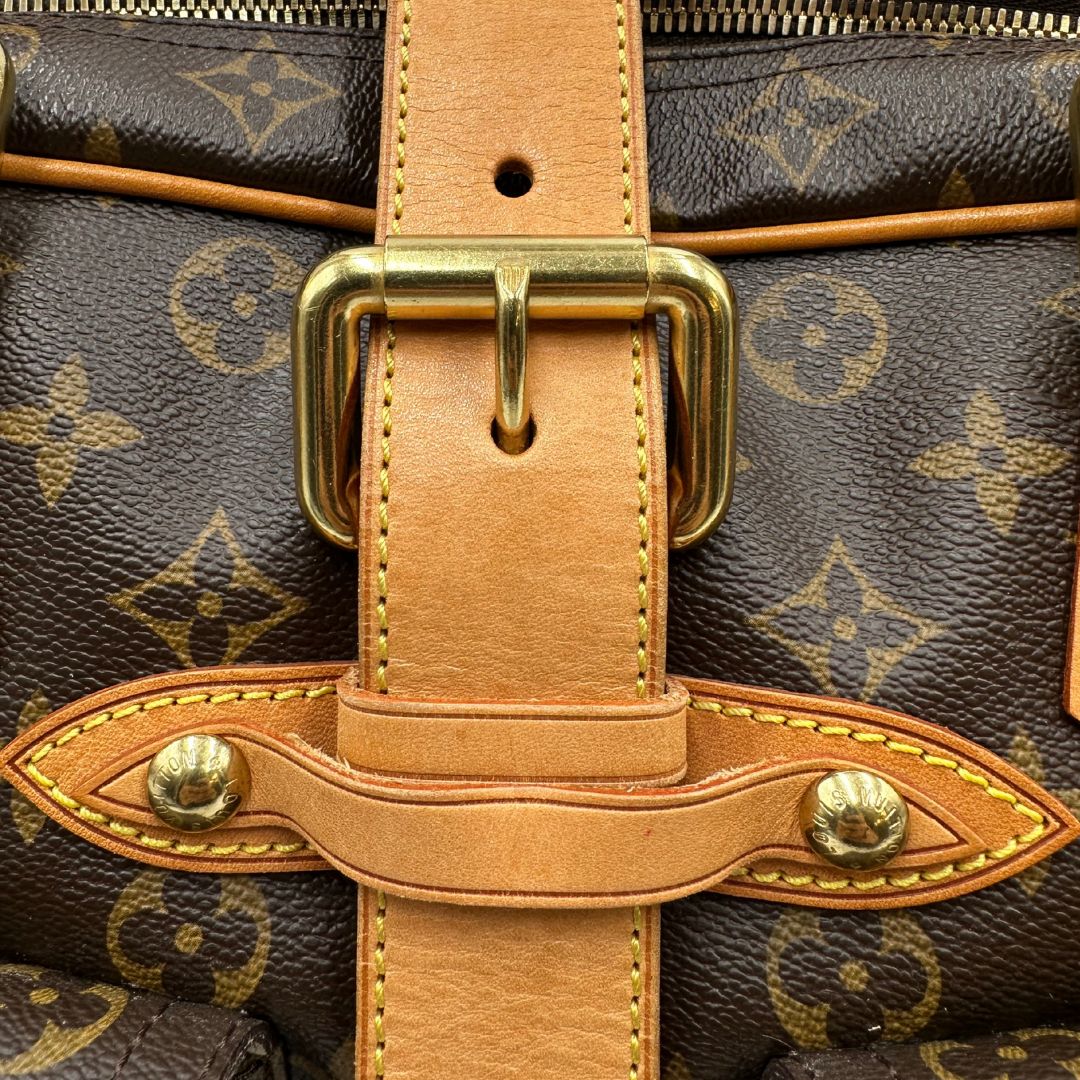 fibbia Borsa Louis Vuitton in canvas marrone monogram con finiture in vacchetta naturale e parti metalliche dorate; munita di doppi manici. Indossabile a mano, di lusso, originale, ottime condizioni.