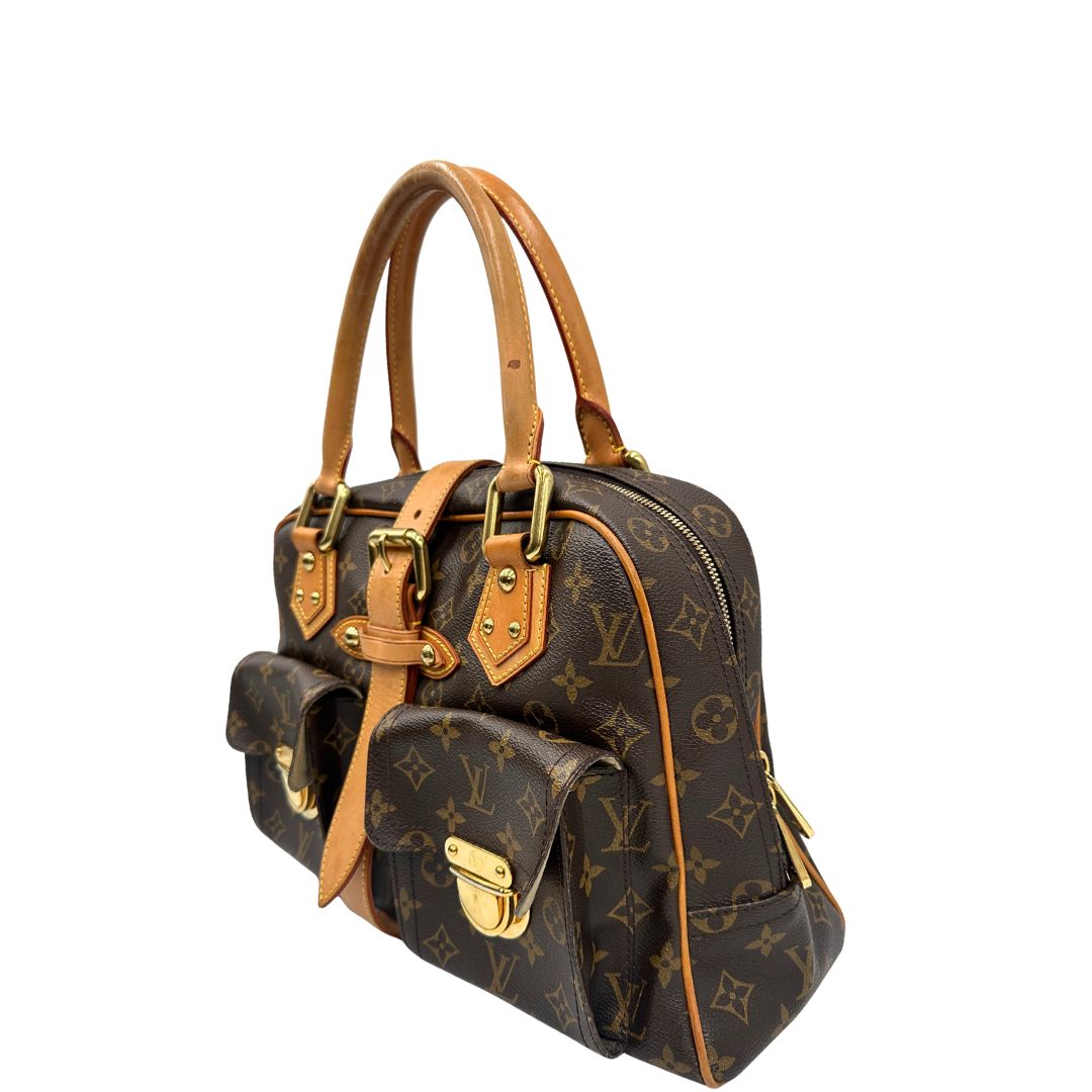 lato Borsa Louis Vuitton in canvas marrone monogram con finiture in vacchetta naturale e parti metalliche dorate; munita di doppi manici. Indossabile a mano, di lusso, originale, ottime condizioni. 