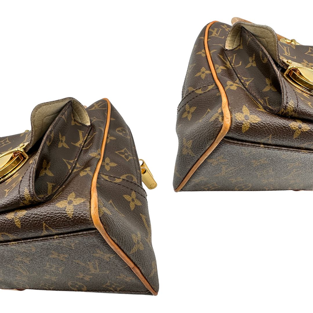 angoli Borsa Louis Vuitton in canvas marrone monogram con finiture in vacchetta naturale e parti metalliche dorate; munita di doppi manici. Indossabile a mano, di lusso, originale, ottime condizioni. 