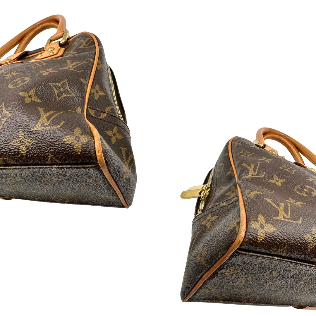 angoli Borsa Louis Vuitton in canvas marrone monogram con finiture in vacchetta naturale e parti metalliche dorate; munita di doppi manici. Indossabile a mano, di lusso, originale, ottime condizioni. 