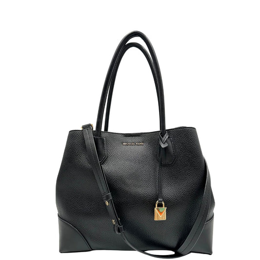 front Borsa Michael Kors in pelle nera con parti metalliche dorate; munita di doppi manici e una tracolla amovibile e regolabile, di lusso, originale, ottime condizioni. 