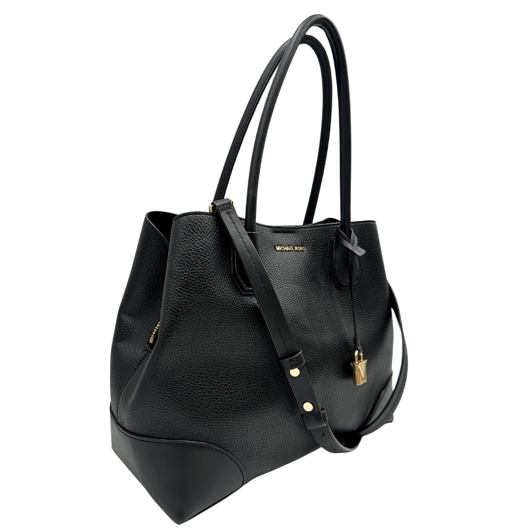 lato Borsa Michael Kors in pelle nera con parti metalliche dorate; munita di doppi manici e una tracolla amovibile e regolabile, di lusso, originale, ottime condizioni. 